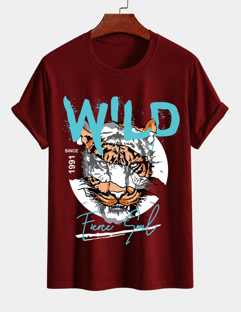 Unisexs Pure Cotton Solid Color Tshirt Navy With Tiger Print Crew Neck Short Sleeves Motorcyclestyle Street Casual Top