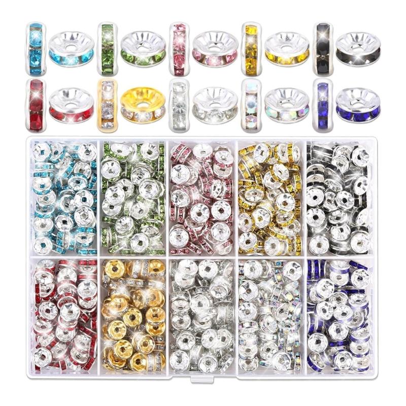 600/720/900Pcs Rhinestones Spacer 8mm Sparkling Rondelle Spacer Beads Flat Round Beads for Bracelets Jewelry Making