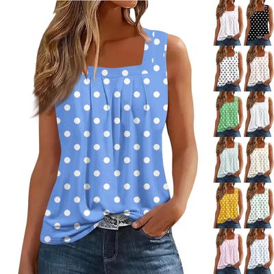 Women's Pleated Square Collar Sleeveless Vest Print T-shirt