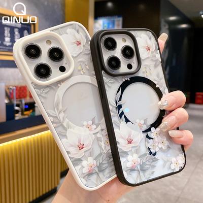 Luxury For Magsafe Wireless Charge Magnetic Case For iPhone 16 Plus 15 14 13 12 11 Pro Max Floral Pattern Shockproof Armor Cover