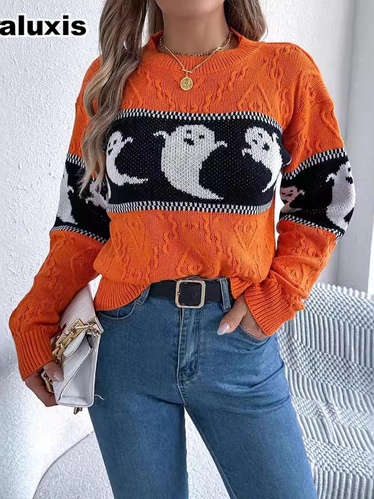 Autumn  Halloween Theme Ghost Color Block Long Sleeve Crewneck Sweater Women's  Clothing