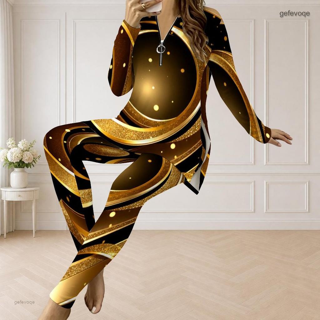 Women Plus Size Printed Two Piece Pants Set Front Zipper Long Sleeve Longline Top Fitted Long Pants Black Green Gold