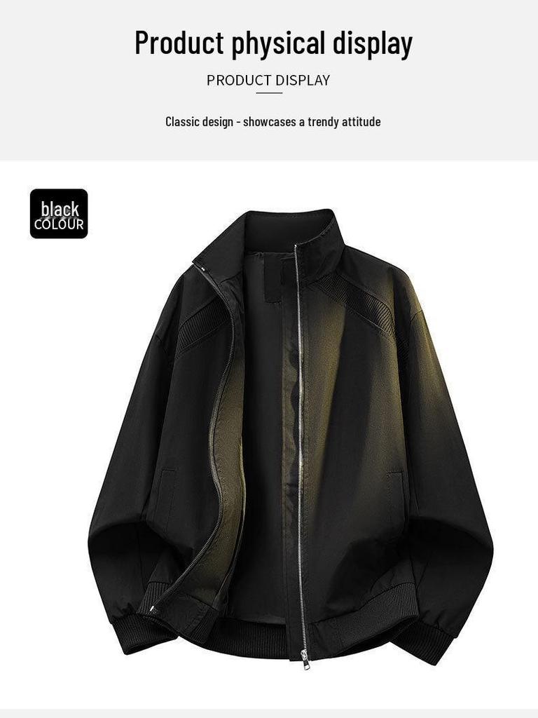 Men's Trendy Patchwork Stand Collar Windproof Jacket - Loose Fit Spring/Autumn Coach Workwear