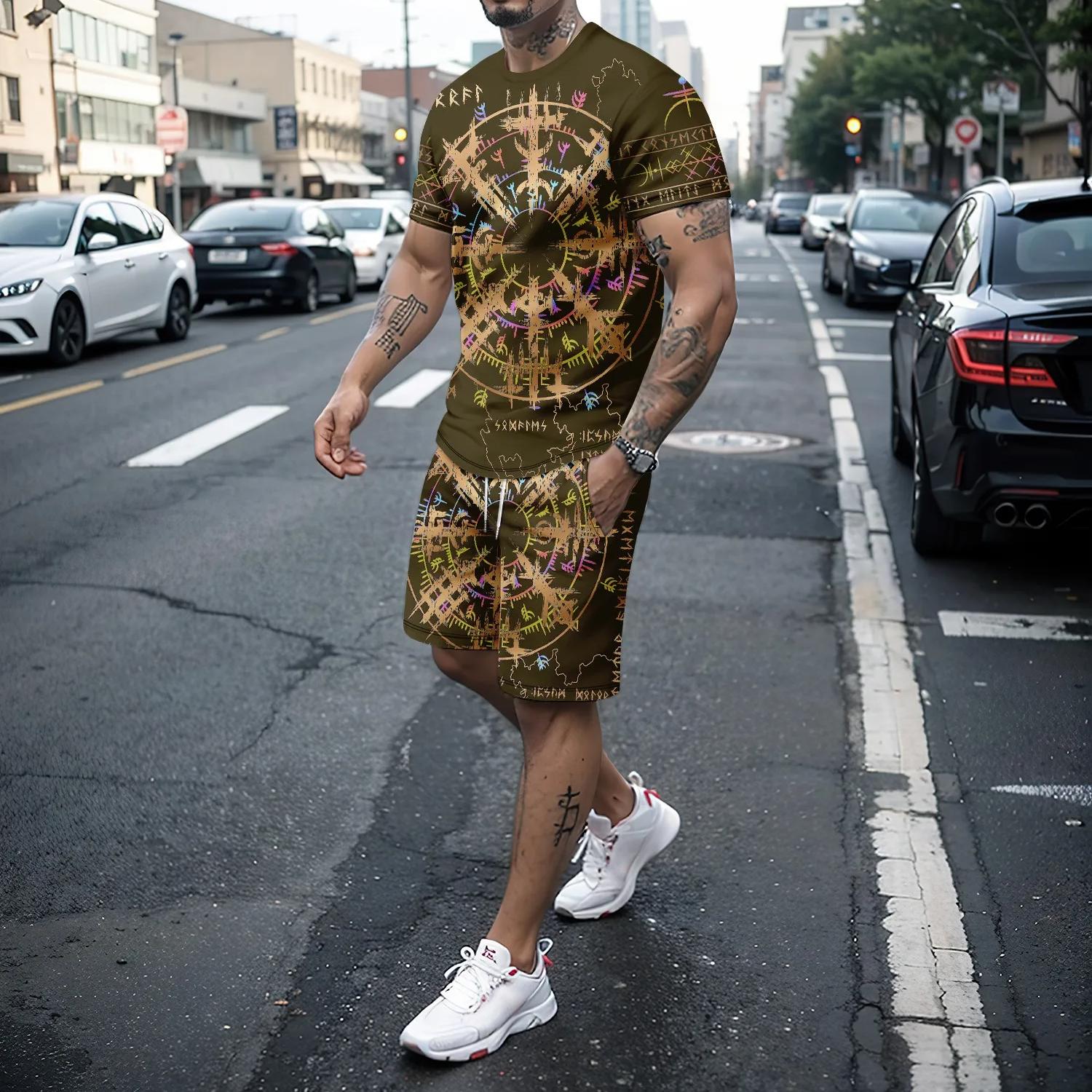 

Летний мужской спортивный комплект для отдыха с 3D свободной уличной футболкой с короткими рукавами в стиле ретро + шорты, комплект из 2 предметов для мужчин 6XL