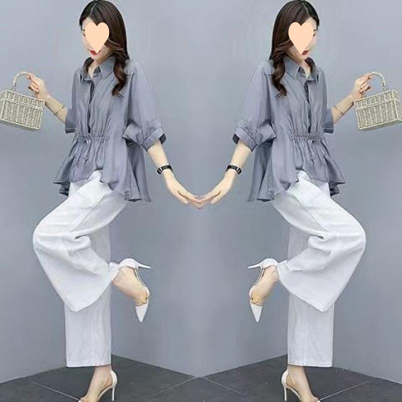 Set di Pantaloni Larghi alla Moda in Cotone e Lino da Donna Primavera Estate Dimagrante Elegante Anti-invecchiamento Taglia Grande Due Pezzi