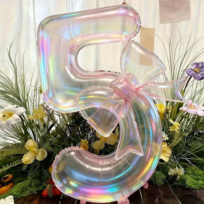 

40Inch Transparent Iridescent Number Balloon with 24inch Bowknot Balloon Kit for Kids Adults Birthday Party Decoration Favors 40Inch