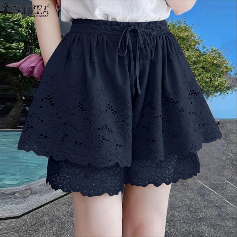 ZANZEA Damen Lässige Stickerei Häkel Patchwork Sommer Kurze Hosen