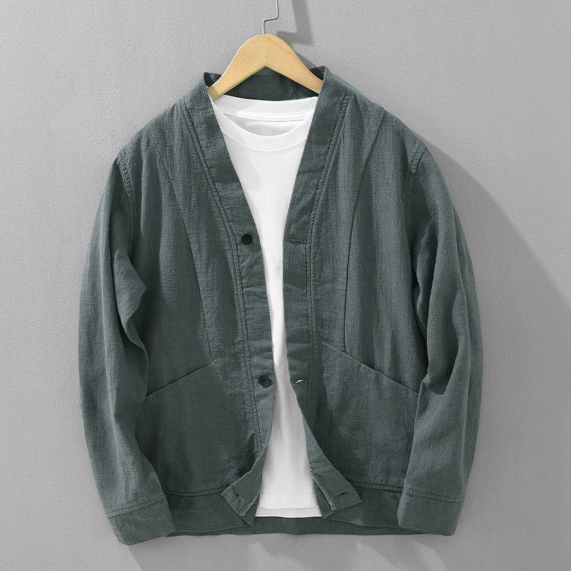 Vintage Cotton-Linen Casual Jacket for Men, Spring and Autumn, Loose Fit, Chinese Style, Solid Color, Breathable Ramie Stand Collar Coat