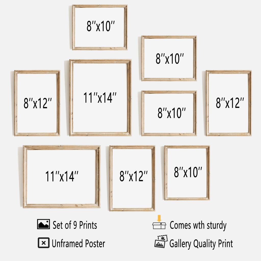 TheCanvas Vintage Wall Art Prints Set of 9, Eclectic Nature Wall Art for Living Room, French Country Landscape Painting, Gallery Wall Decor for