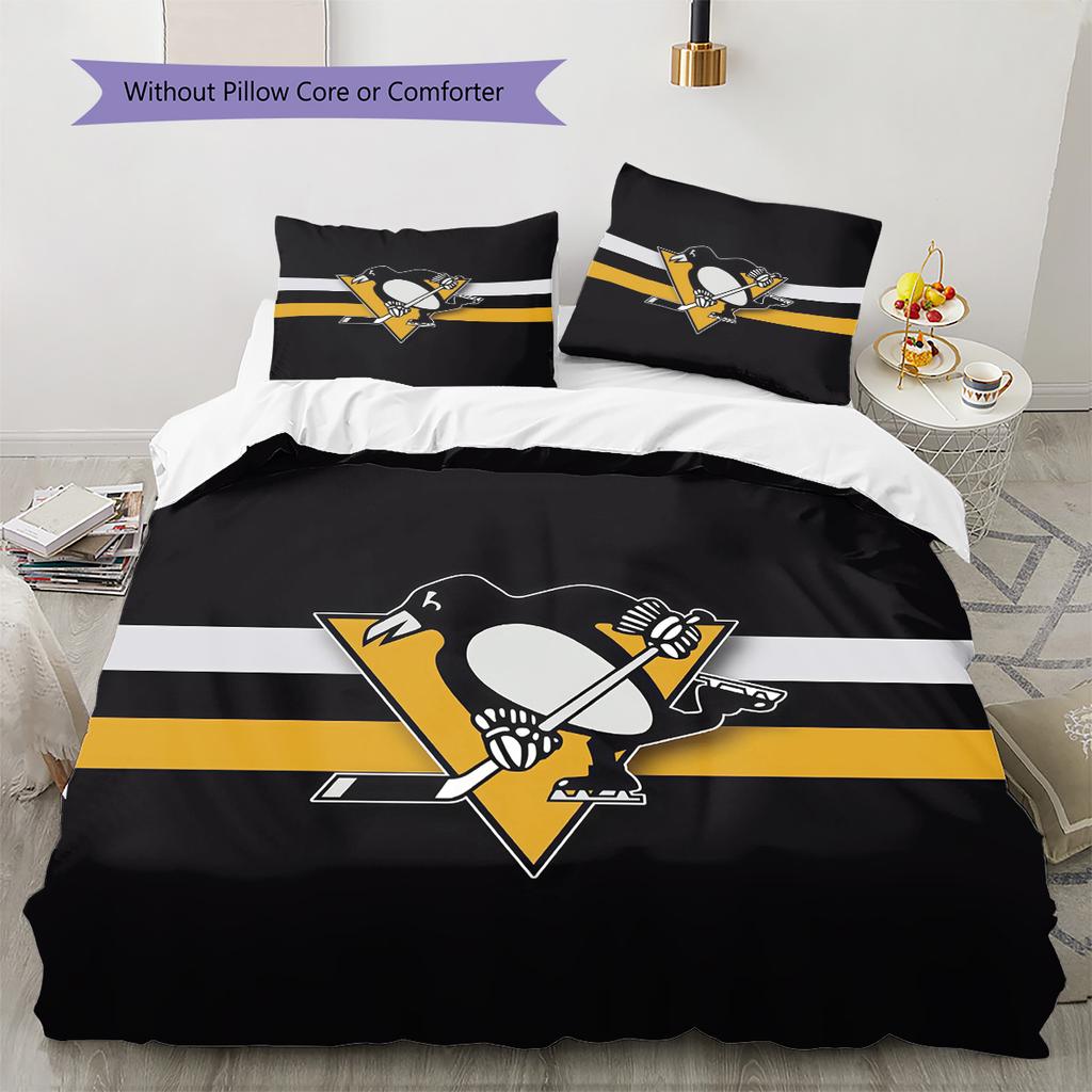 Pittsburgh Penguins Pattern Bedding Quilt Set  Home Decoration  Gift (1 * duvet cover + 2 * pillowcase  without core)