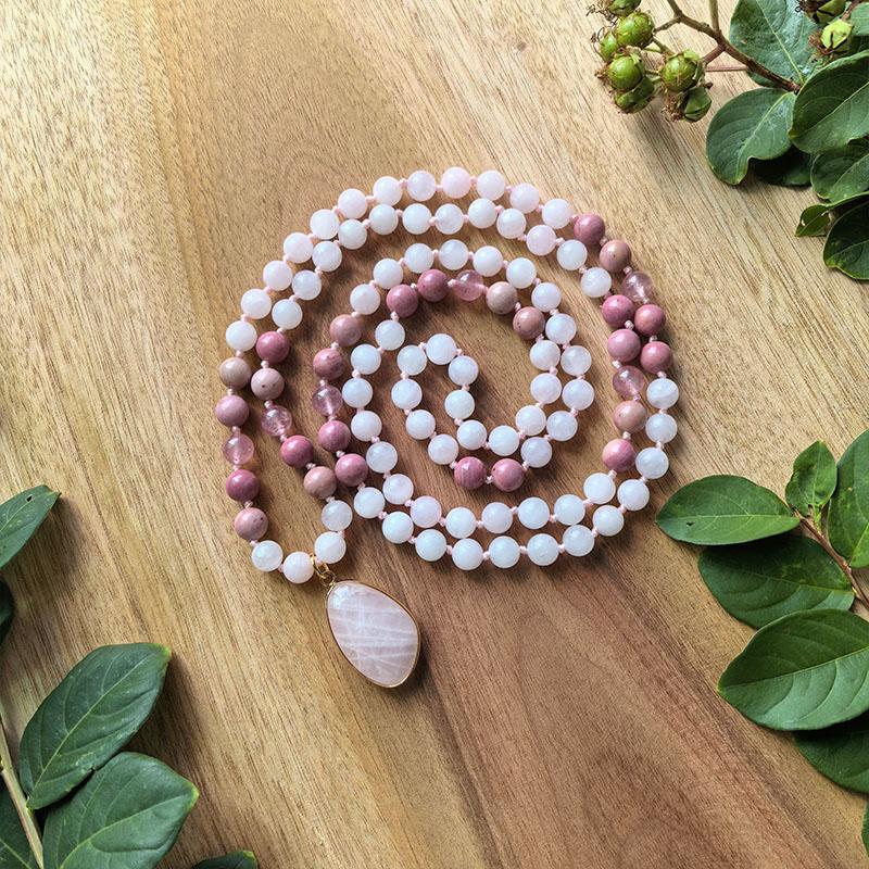 Rhodonite,Strawberry Quartz Mala,Rose Quartz Pendant,108 Knotted Beads Meditation Mala Necklace,Healing Crystals Yoga Jewelry