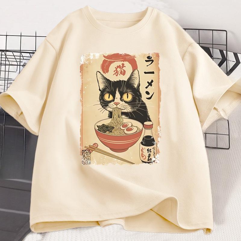 Ramen Cat T-shirt Japanese Style Black Cat Eating Ramen Grpahic T Shirts TrendySoft Short Sleeve Clothing