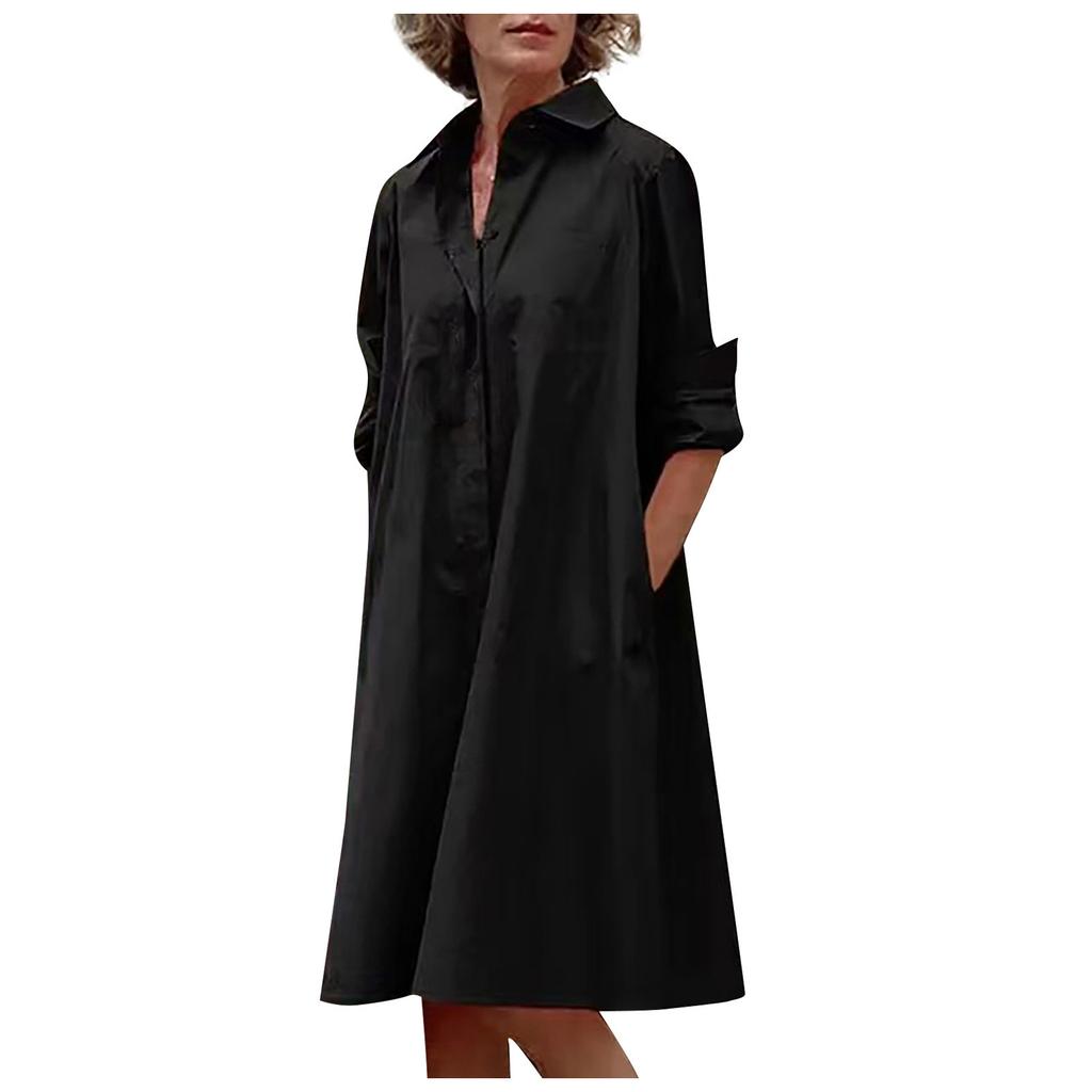 Modna damska sukienka na co dzień w jednolitym kolorze, z kołnierzykiem i długim rękawem