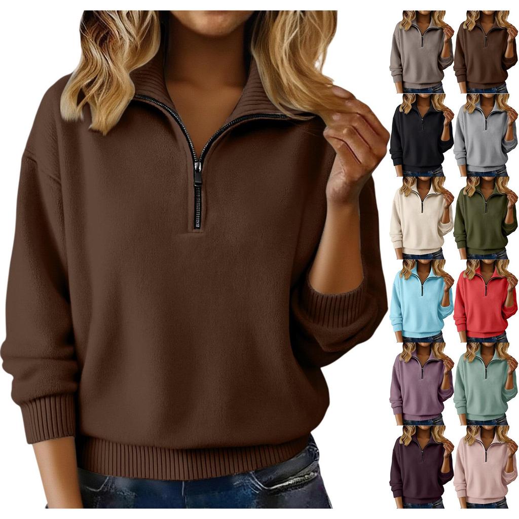 2025 Autumn/Winter High Neck Loose Solid Color Pullover Zipper Knit Sweater