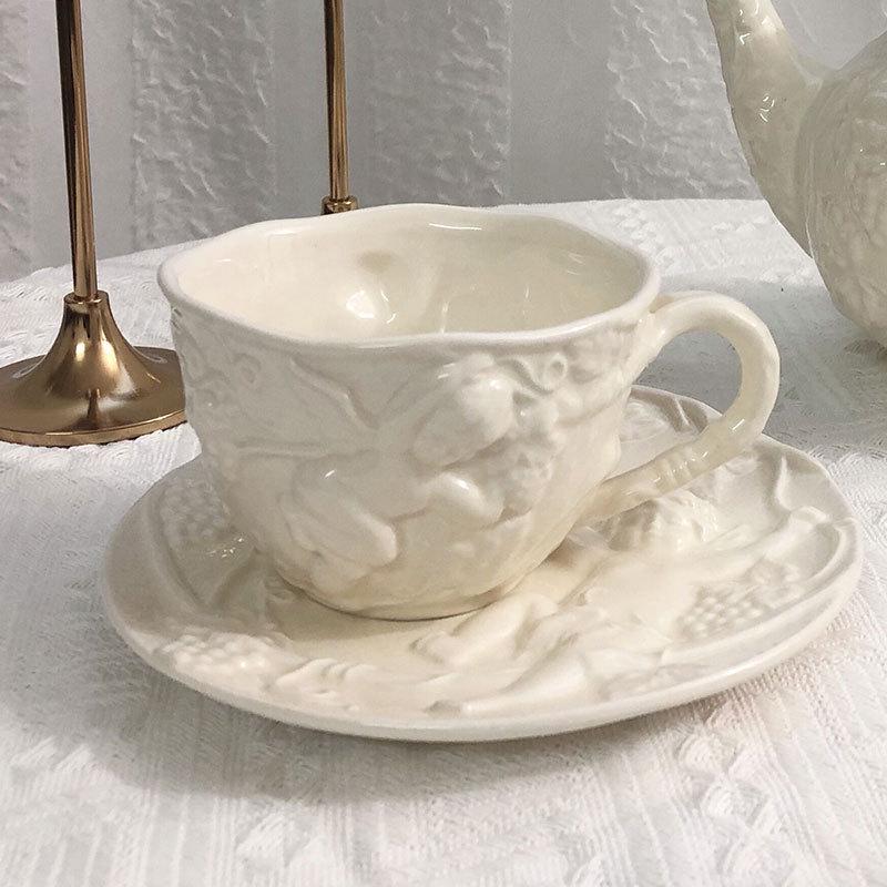 European Court Style Embossed Tea & Coffee Cup Set with Saucer and Teapot for Household Decor 201-300ml