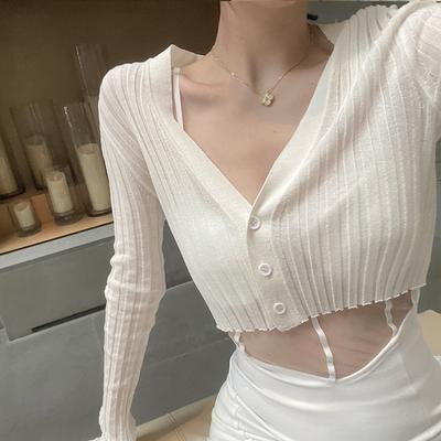 Summer Thin White Knitted Cardigan for Women Outerwear Sun Protection High - Waisted Short - Style Top Ice Silk Small Coat