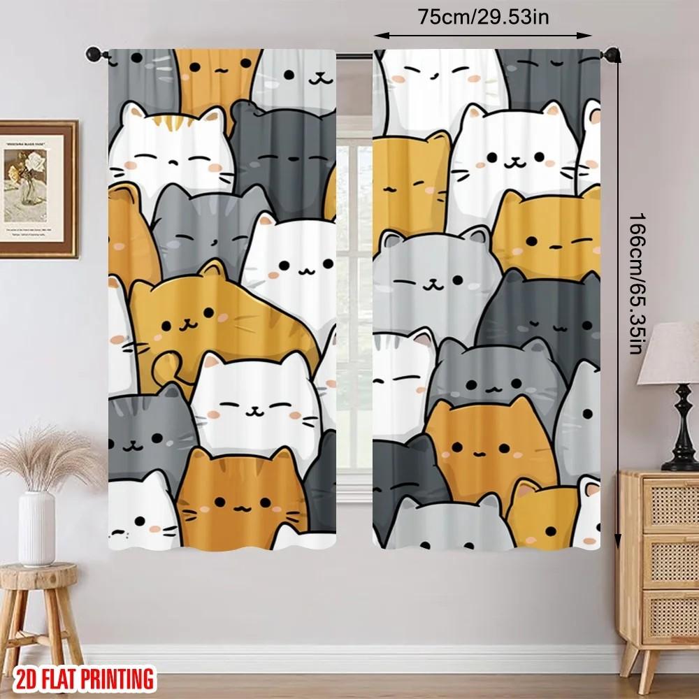 JIT 2pcs Cute Kitten Printed Curtains   Design Drapes   Shading Polyester Window Treatments for Kids Room   Home Decor   Rod Pocket