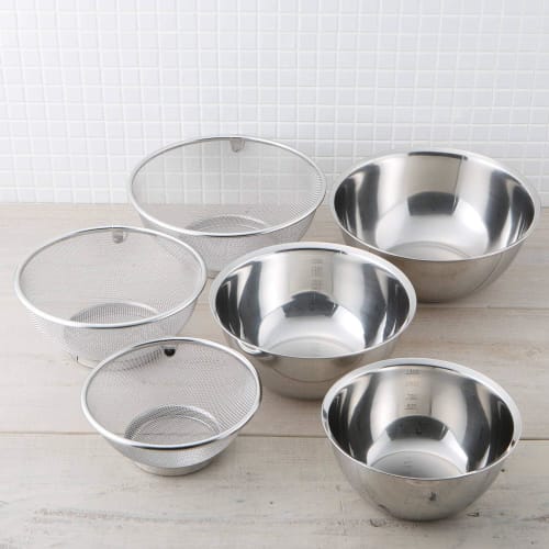 Kai Brand Bowl Colander (Mesh) 6 Piece Set Cookware for Single Living 18cm / 21cm / 24cm Stainless Steel Stackable Storage Integrated Type