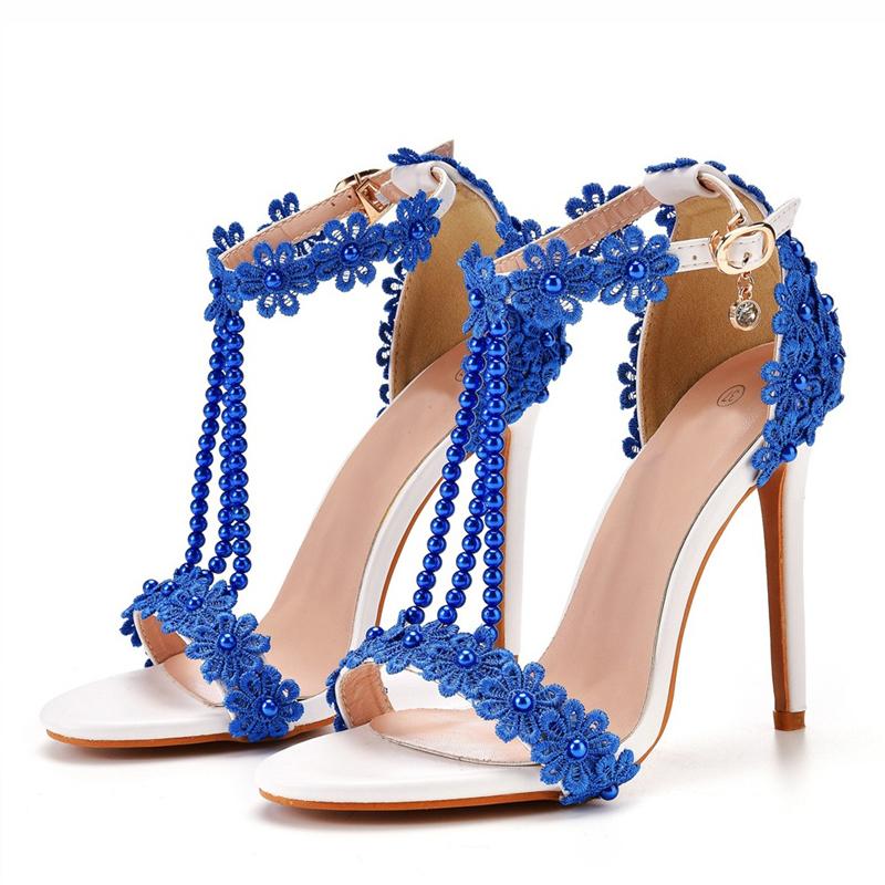 Big Size 43 44 45 Women Sexy Stiletto Sandals Summer Fashion Pearl Flowers Ankle Strap Elegant High Heels Party Prom Shoes