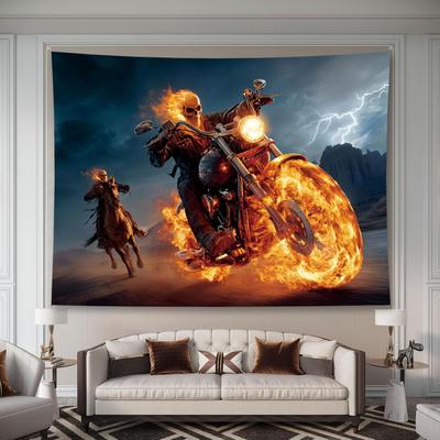 Brennender Schädel Motorradfahrer Wandteppich Wandbehang Gotischer Horror Personalisierter Hintergrund Wohnzimmer und Schlafzimmer Dekoration