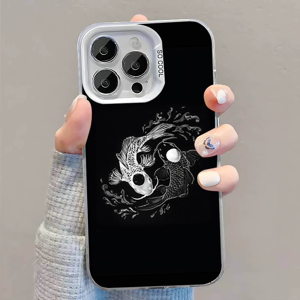 Koi Carp Fish Yin Yang Art Phone Case For iPhone 16,15,14,13,12,11,Pro,XS,Max,Plus,Mini,SE White Candy Matte Shockproof Cover