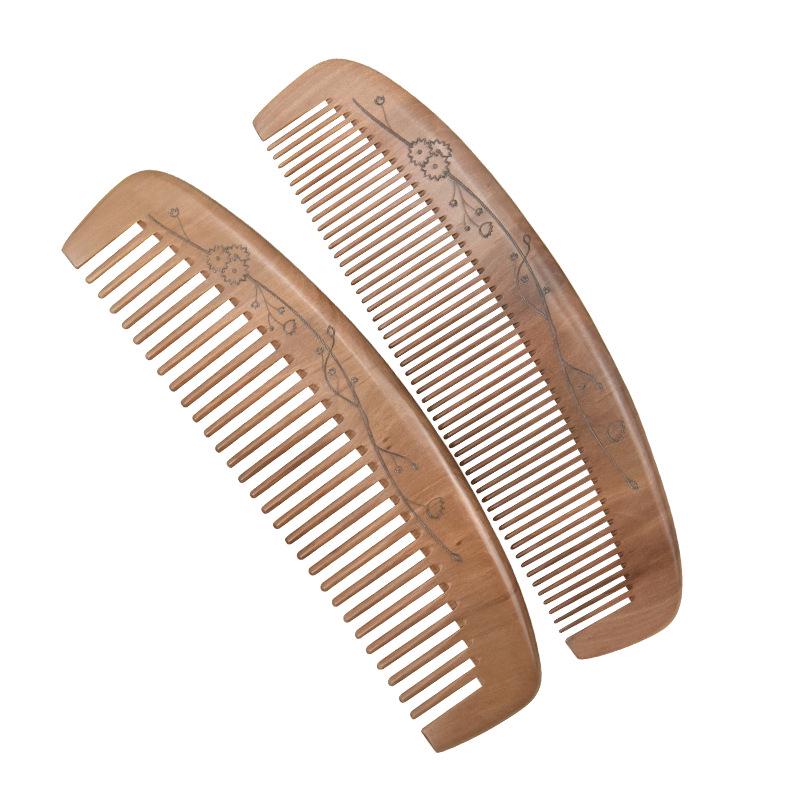 Engraved Old Peach Wood Comb for Hair Growth - Anti-Static, Curling & Styling, Home Use, with Logo