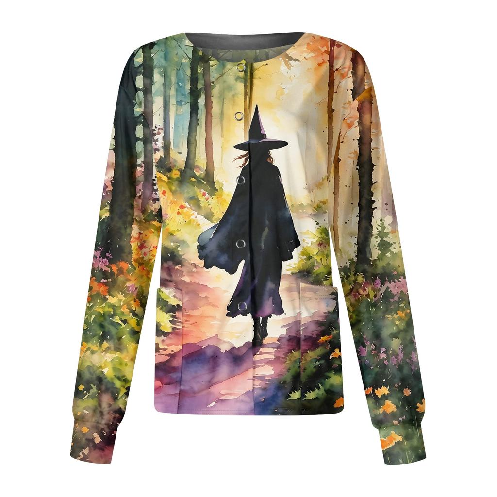 Women's Halloween Printed Long Sleeve Single Breasted Cardigan Top for Costume Party