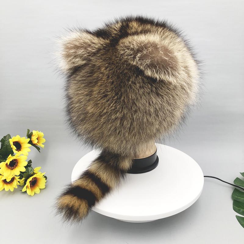 Fluffy Raccoon Fur Hat Women Winter Warm Outdoor Brim Ear Fur Cap Tail Girl Boys Funny Hats