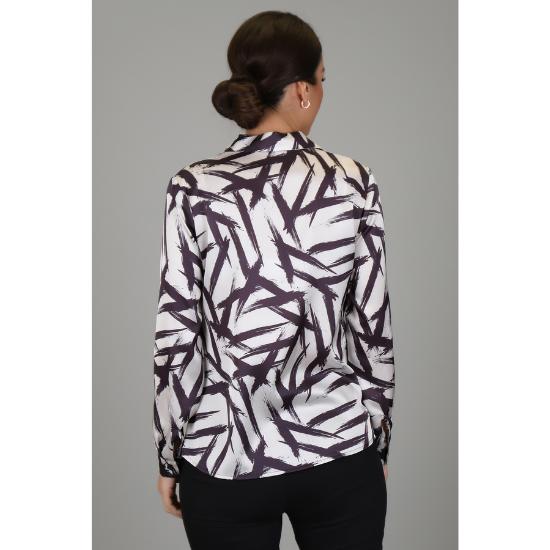 Koszula damska z długim rękawem z satyny Lycra w kolorze ecru, czarnym, wzorzysta DK 1003