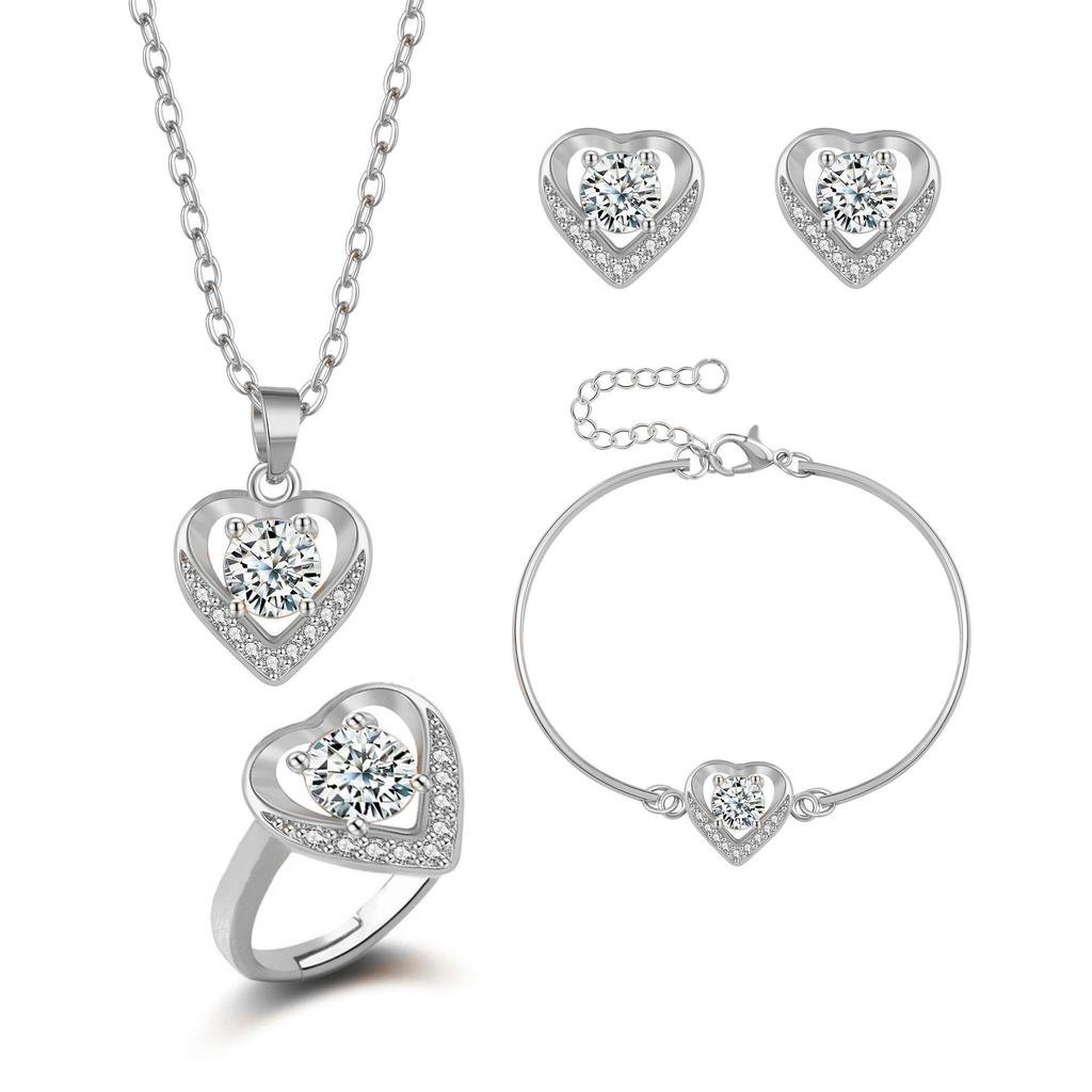 Europäischer und Amerikanischer Stil Vergoldetes Pfirsichherz Schmuckset: Kupfer-Mikro-Inlay Zirkon Ohrringe, Halskette und Ring.