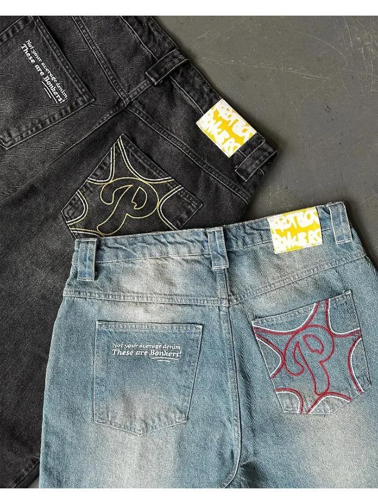 Streetwear Jeans Y2K pánské Kalhoty Harajuku Hip Hop Letter Výšivka Vintage Blue Baggy Jeans Vysoký pas Široká noha Kalhoty