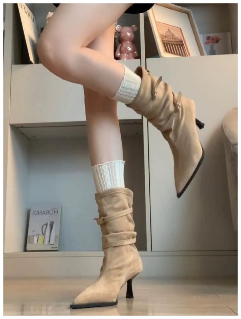 2025 Fashion New Thin Heel Short Boots Fashion Buckle Suede Pleated Modern Boots Versatile Pointed Toe Women's Stiletto Heels