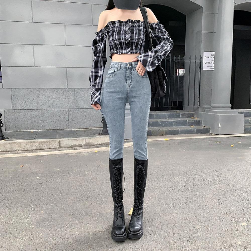 

Casual washed jeans pencil pants women s 2025 new high waist high and thin small feet pencil pants 32 светло-синий