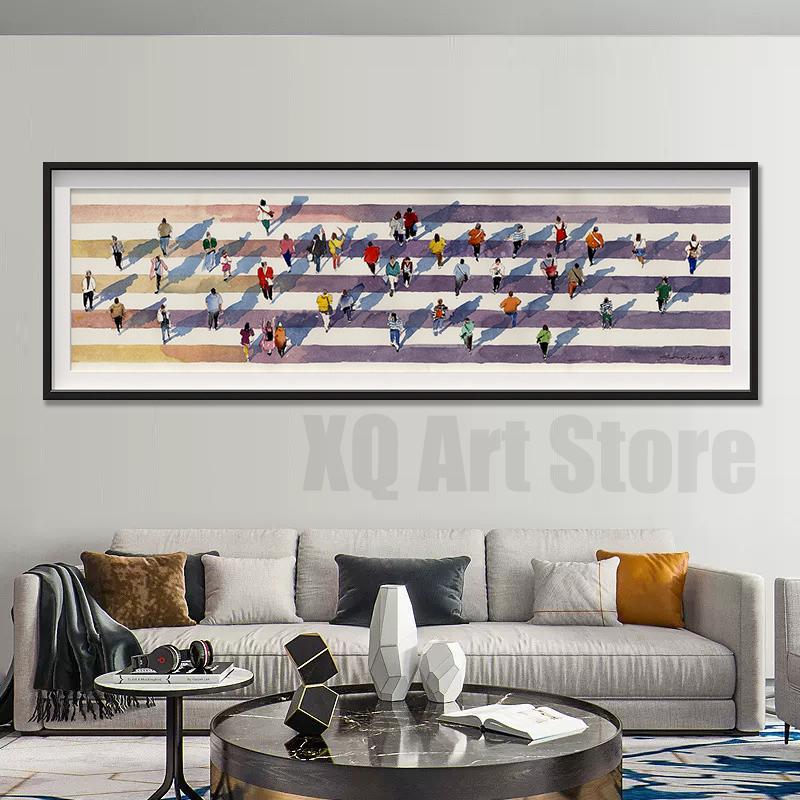 Pedestrian Crossing Original Artwork Watercolor Prints Figurative Art People Canvas Painting Contemporary Art Home Room Decor
