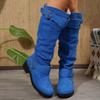 New Large-sized Belt-buckle Boots for Women with Pleated Shoes, Low Heels and High Heels