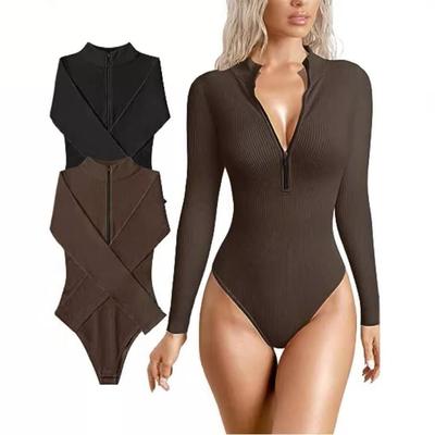 2023 Sexig Ribbad Långärmad Body med Dragkedja
