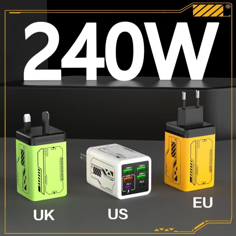 1Pcs 240W Fast Charging Wall Charger 4 Usb 2 Pd Ports Eu Us Plugs For Home Office Gaming Device Charging