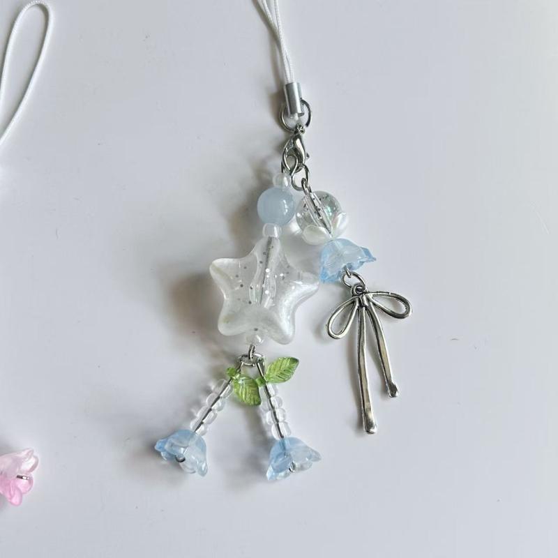 1 Piece Cute Star Bowknot Flower Pendant Mobile Phone Chain Charm Beaded Keychain Phone Strap Lanyard Earphone Hanging Decor