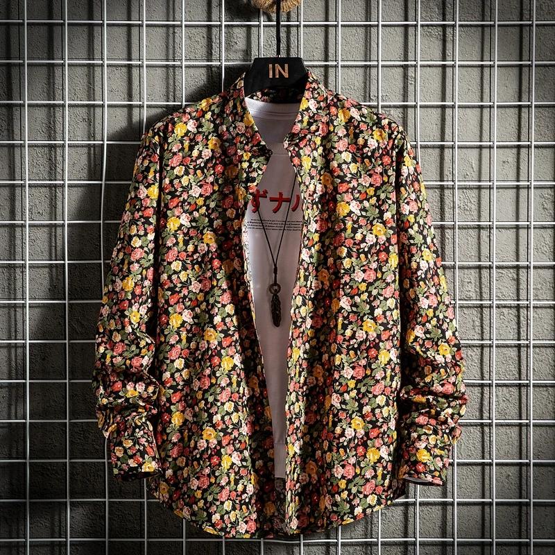 Men's Clothing Long Sleeve Man Shirts Cotton Vintage Clothes Flowers Shirt Korean Clothing Men's Fashion Beach Shirt Top