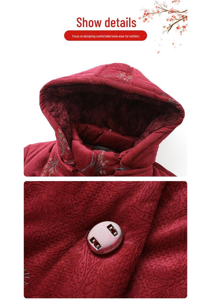 Grandma's Embroidered Velvet Hooded Jacket - Thick, Warm Cotton Padded for Middle-Aged and Elderly Women