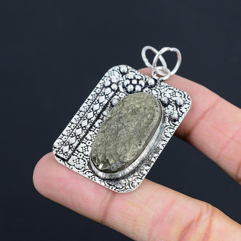 Solar Chakra Pyrite Rough Stone 925 Sterling Silver Ethnic Wedding Wife Pendant