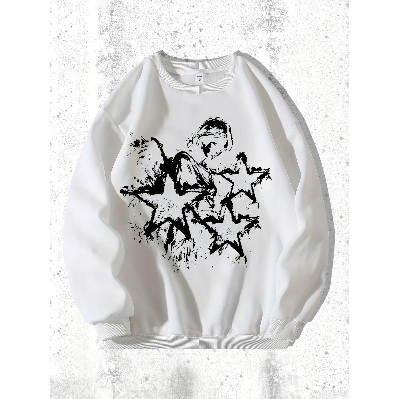 1pc Men'S Casual Angel and Stars Print Sweatshirt, Polyester Knit Fabric, Geometric Pattern, Comfortable Warm Pullover, Round Neck, Loose Fit