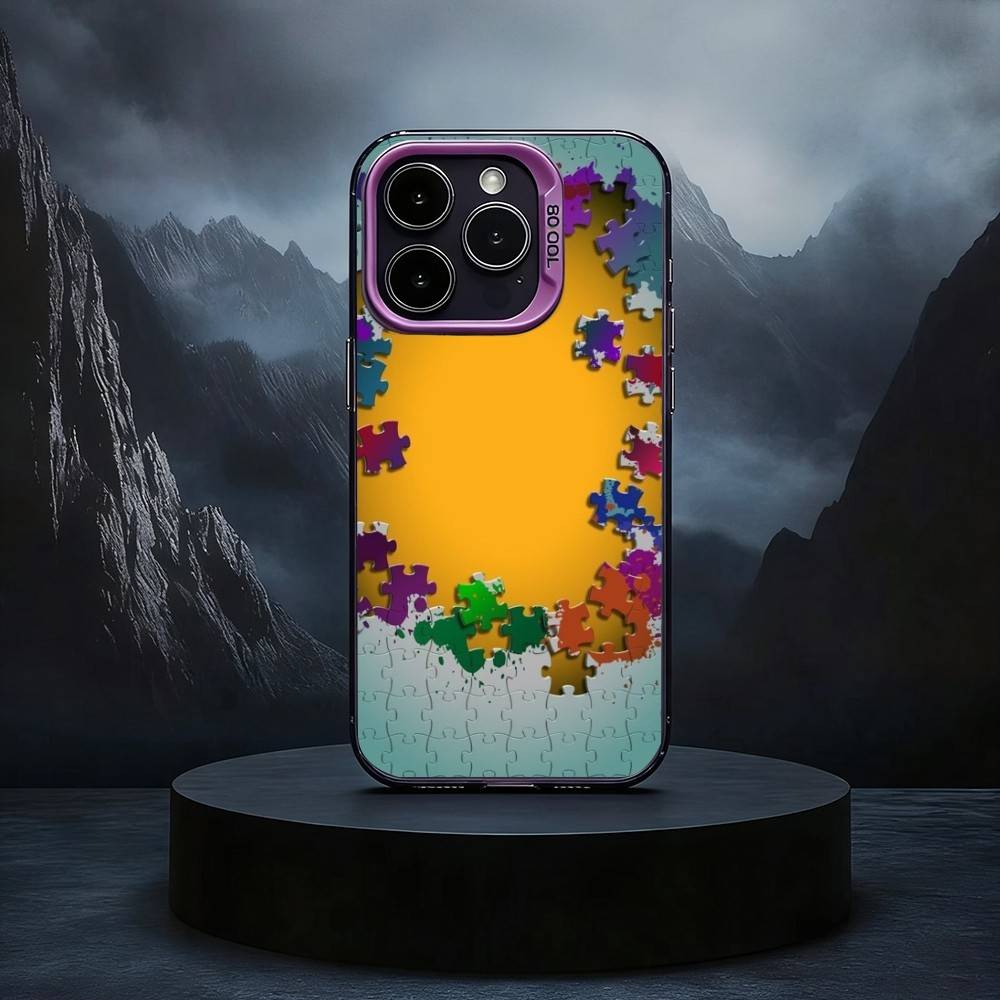 Autism Support Puzzle Pattern Phone Case For iPhone17,16,15,14,13,12,11 Plus,Pro Max Black Candy Silver Phone Case