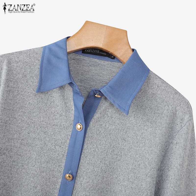 ZANZEA Women Casual Turn Down Collar Loose Long Sleeve Blouse