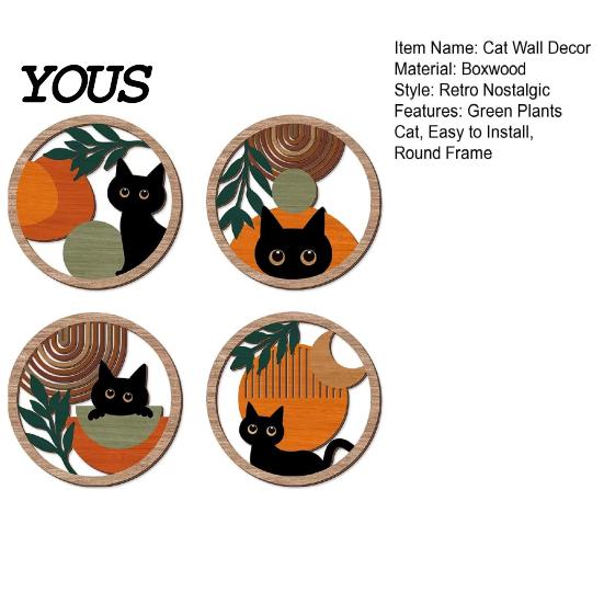 Animal Wall Decoration 4Pcs Black Cat Decor Set, Boho Cartoon Hanging Art, Set Farmhouse Rustic Wooden Plants Sign for Bedroom Living Room