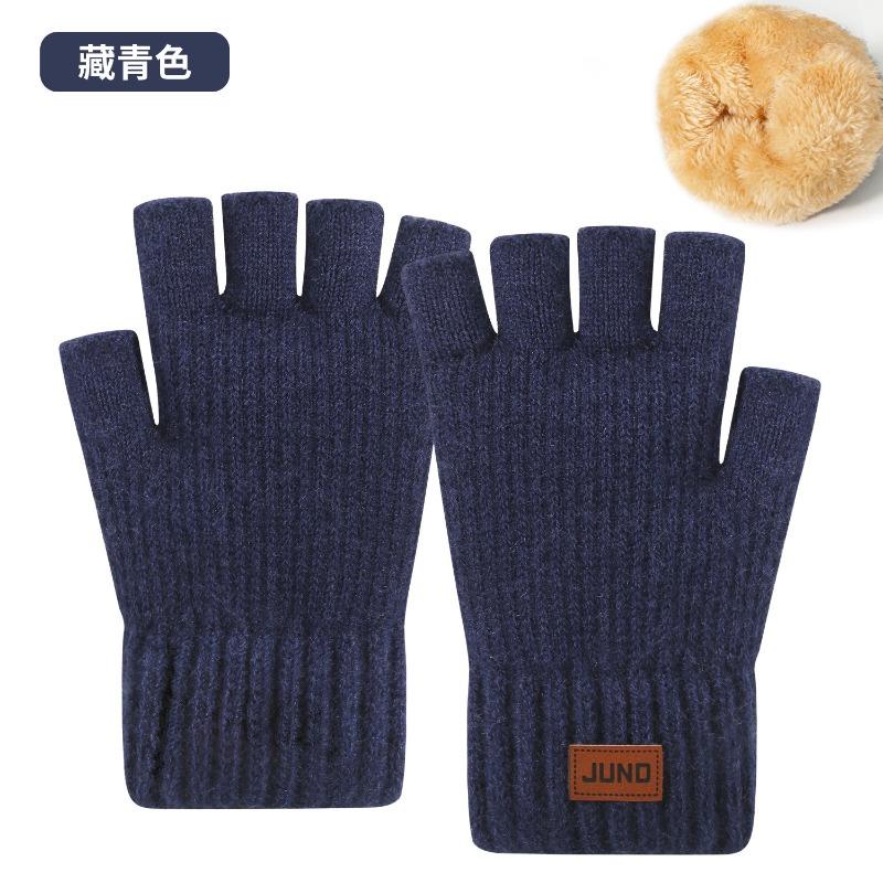Thickened Half-finger Gloves Autumn and Winter Velvet Knitted Cold-proof and Warm Half-cut Writing Wool Leaking Finger Gloves