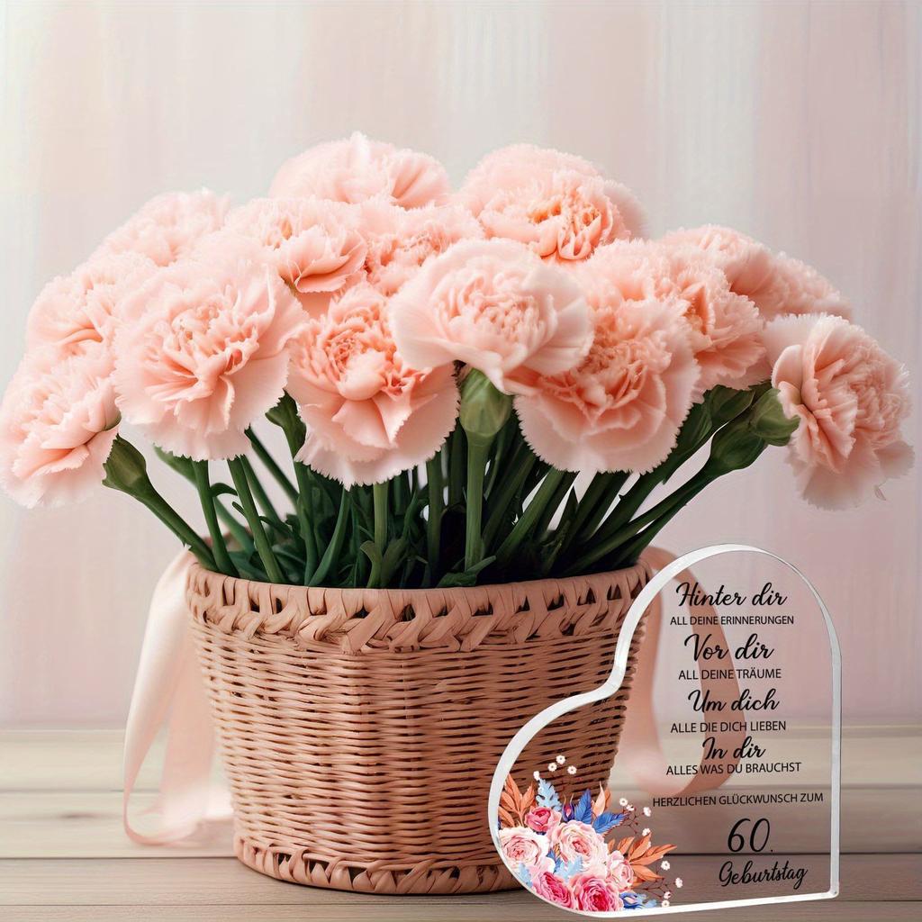 60th Birthday Decoration - Elegant Heart-Shaped Keepsake with Floral Design in Pink, Peach, Blue & Green, Modern Minimalist Style, Nurseries, Home De