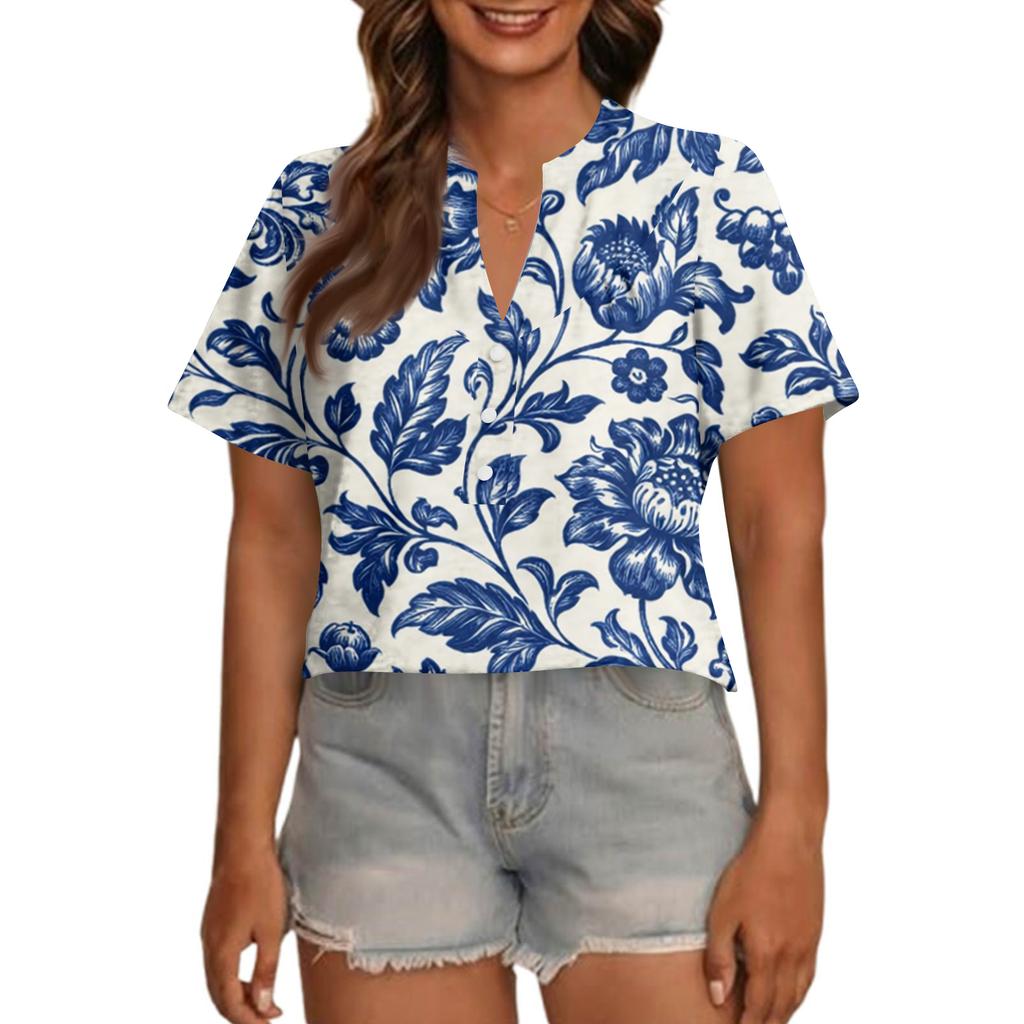 Women's Fashionable Casual V Neck Button Up Oversized Short Sleeve Printed Top