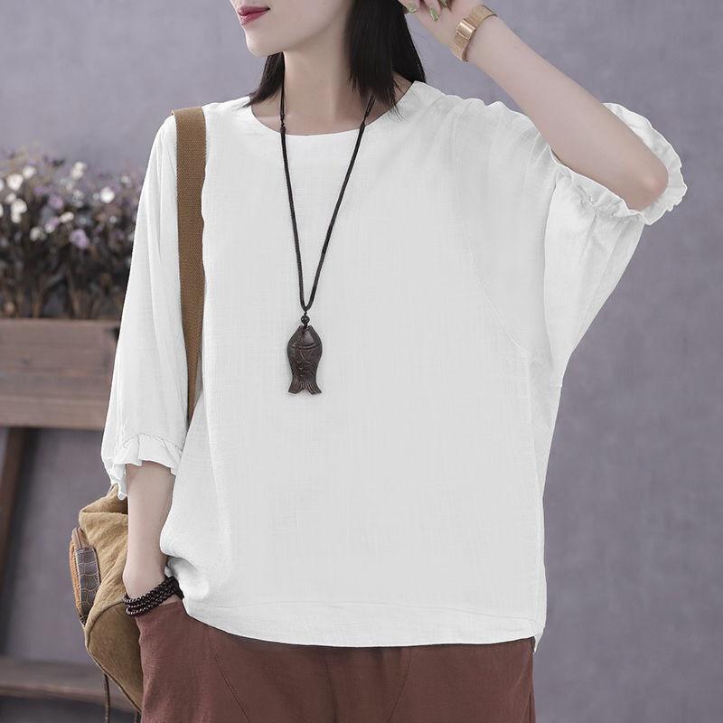 Plus Size Women's Summer Short Sleeve Top Cover Belly Skinny Shirt Bat Sleeve Five-quarter Sleeve Top