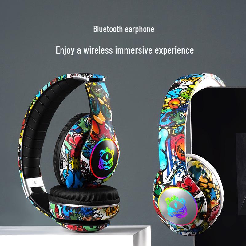 LED Luminous Cross-border Graffiti Bluetooth Gaming Headset with Wireless and Card Insert Features
